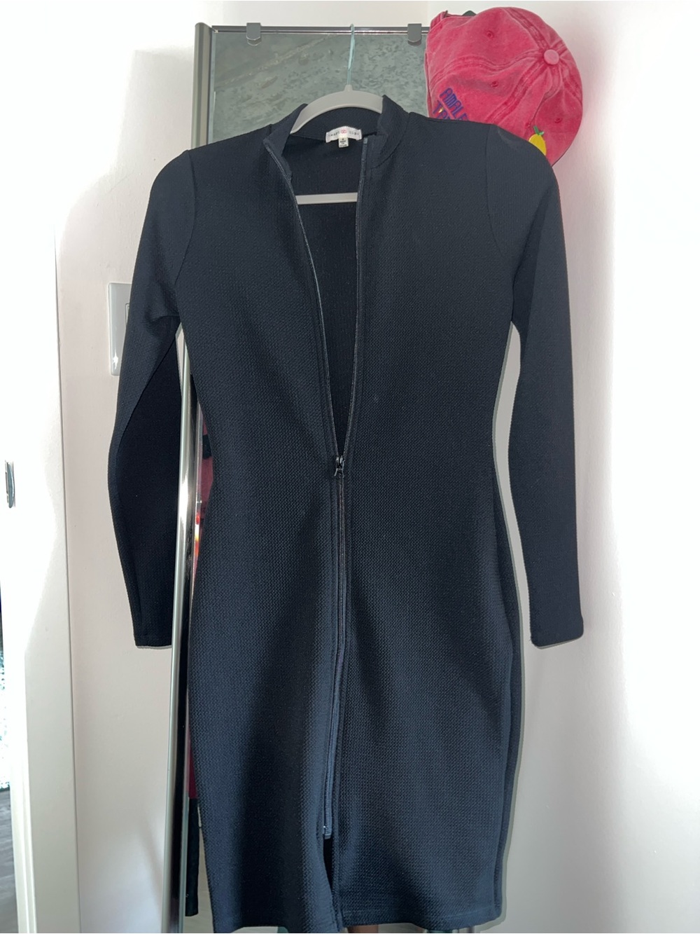 Black Long Sleeve Zip-Front Bodycon Dress